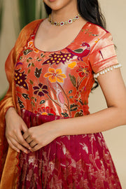 Red and Wine combination Pethani Zari Dress