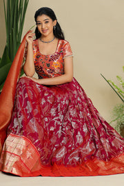 Red and Wine combination Pethani Zari Dress