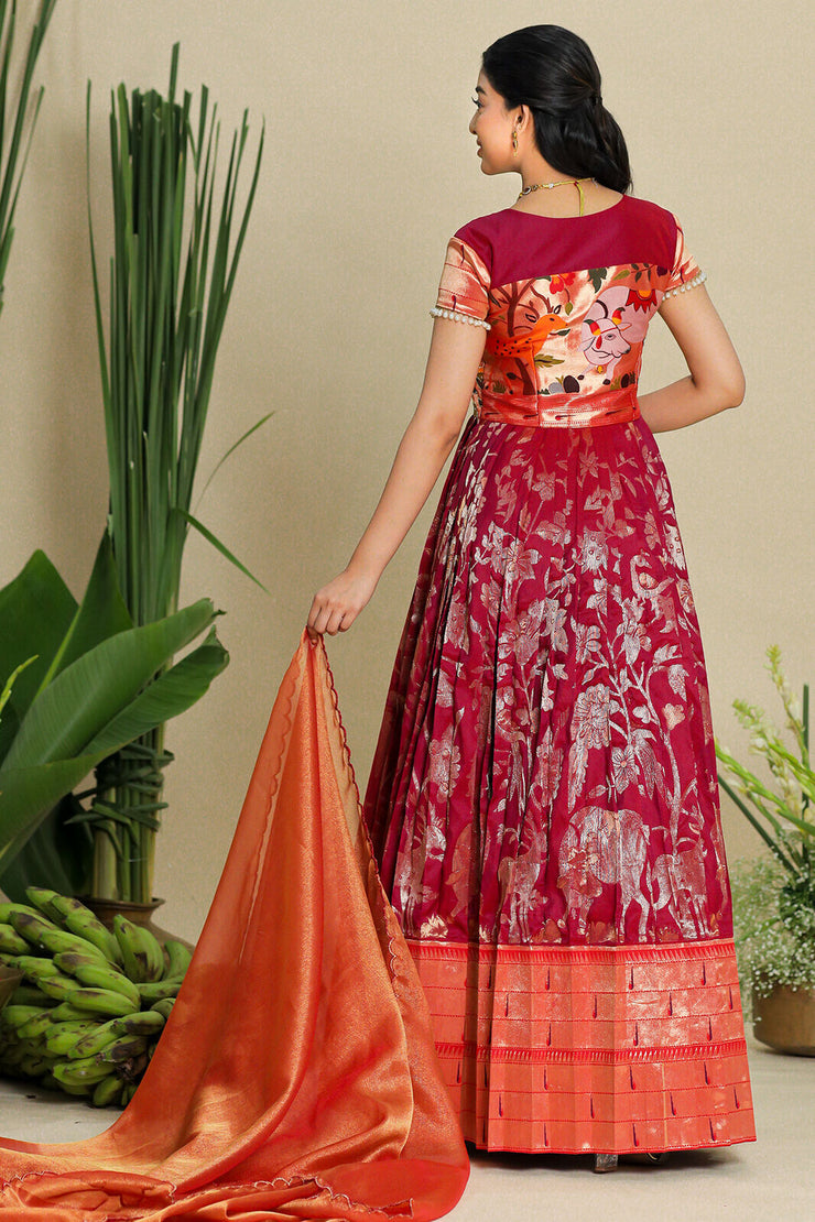 Red and Wine combination Pethani Zari Dress