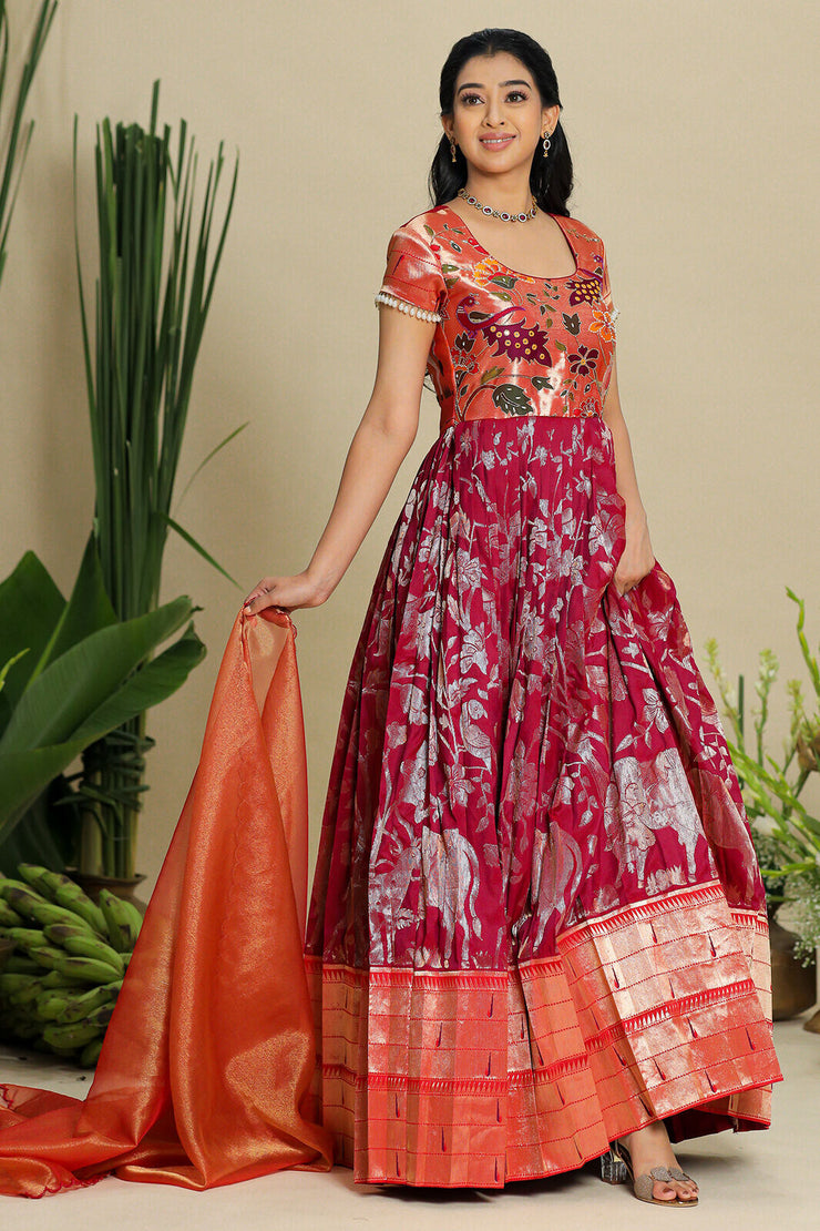 Red and Wine combination Pethani Zari Dress