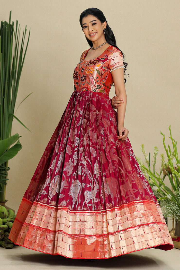 Red and Wine combination Pethani Zari Dress