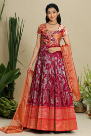 Red and Wine combination Pethani Zari Dress