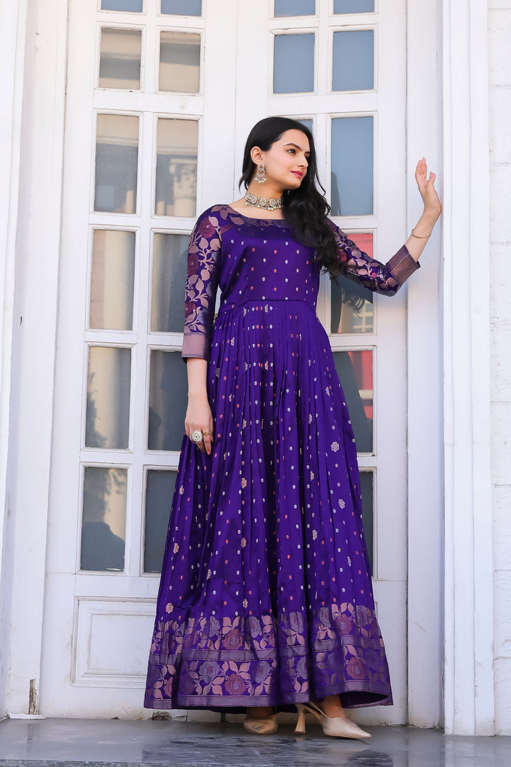 Boat Neck And Banarasi Zari Weaving Ethnic Gown