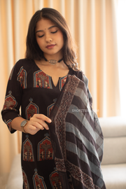 Black Ajrakh Kurta With Dupatta