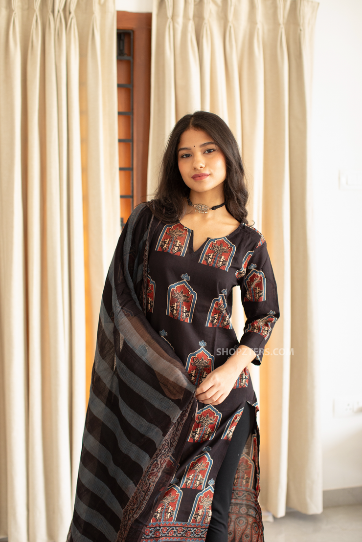 Black Ajrakh Kurta With Dupatta