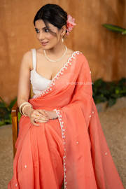 Chic Apricot Peach Organza Saree with Hand-Embroidered Pearls