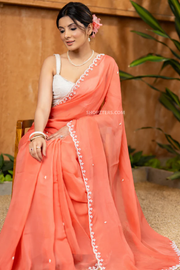Chic Apricot Peach Organza Saree with Hand-Embroidered Pearls