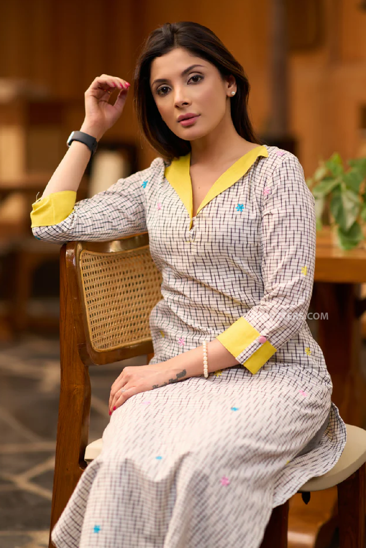 Black and White Ikat Kurta with Yellow Detailing and Embroidery