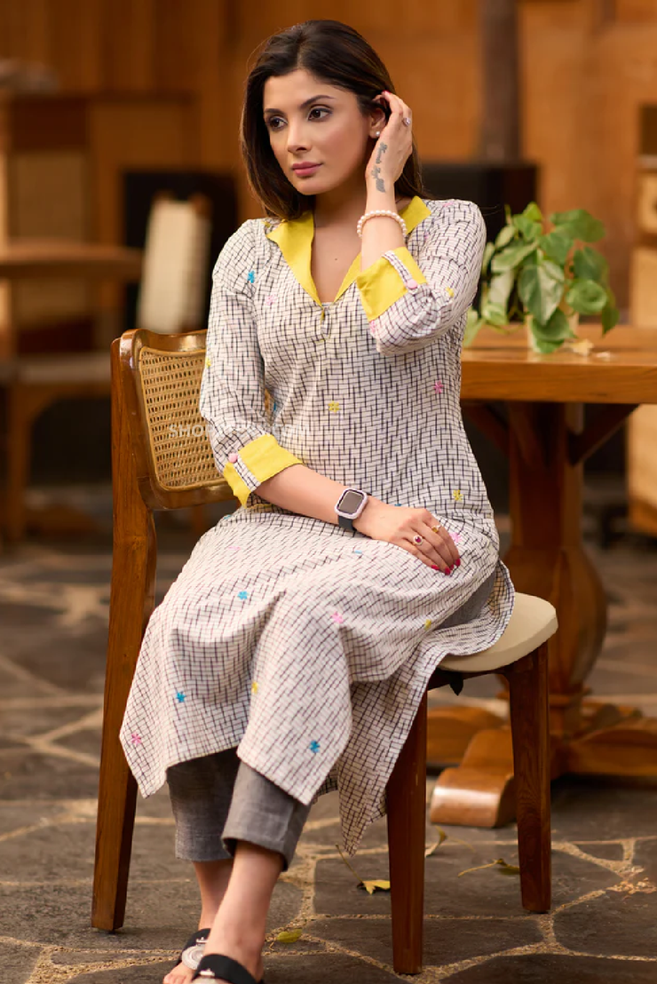 Black and White Ikat Kurta with Yellow Detailing and Embroidery