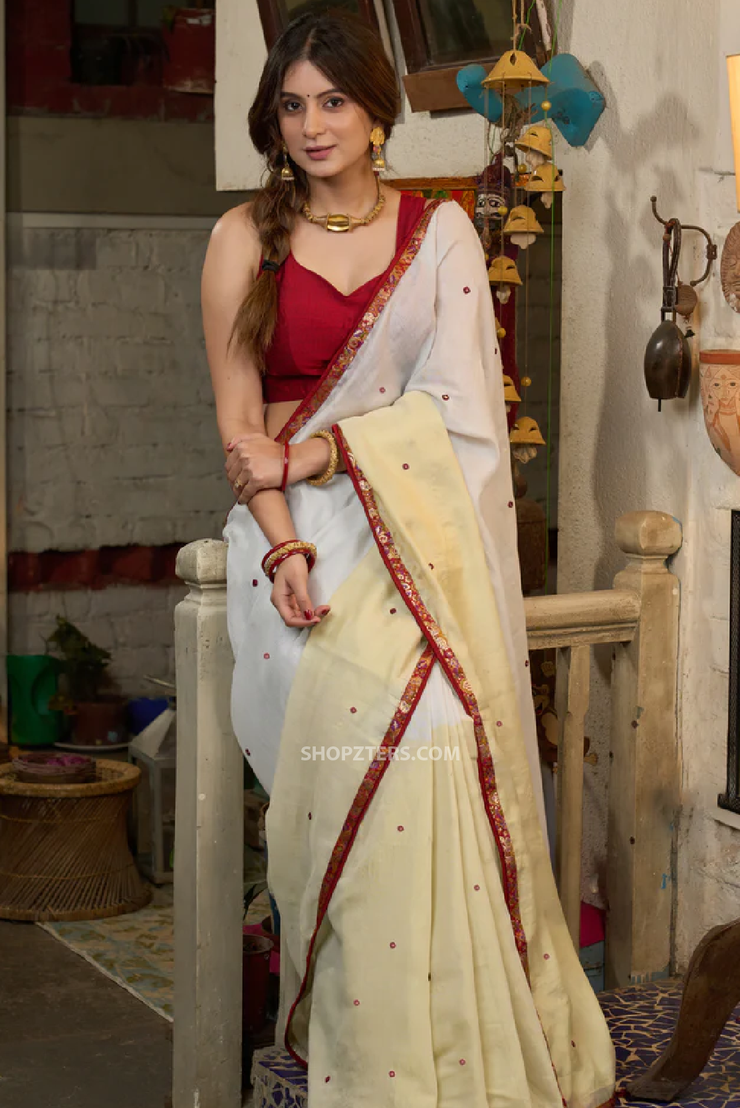 Elegant silver & golden linen half and half saree highlighted with contrast mirror work