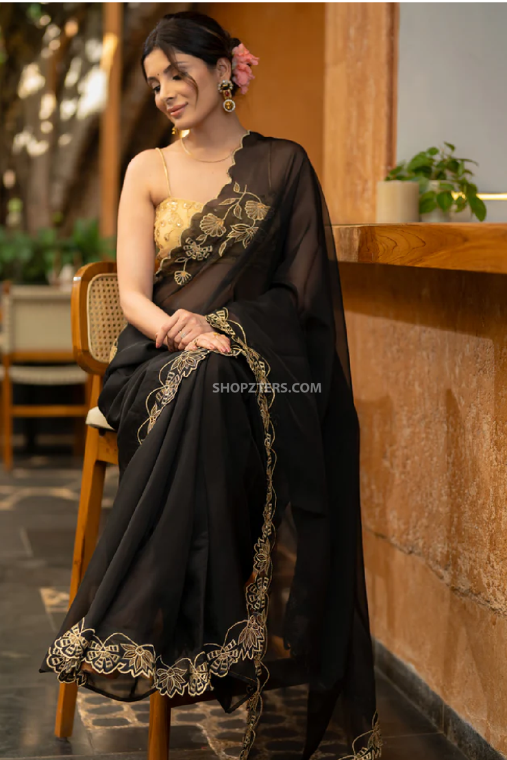 Elegant Black Organza Saree with Intricate Floral Embroidery
