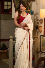 Elegant Ivory Cotton Saree with Intricate Overall Embroidery