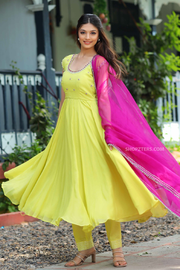 Bright Lemon Yellow Anarkali Suit Set with Pink Organza Dupatta