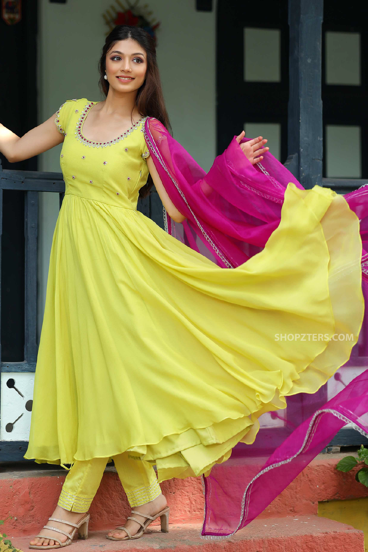 Bright Lemon Yellow Anarkali Suit Set with Pink Organza Dupatta