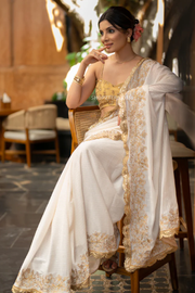 Subtle White Georgette Saree with Sequined Crochet and Floral Embroidery