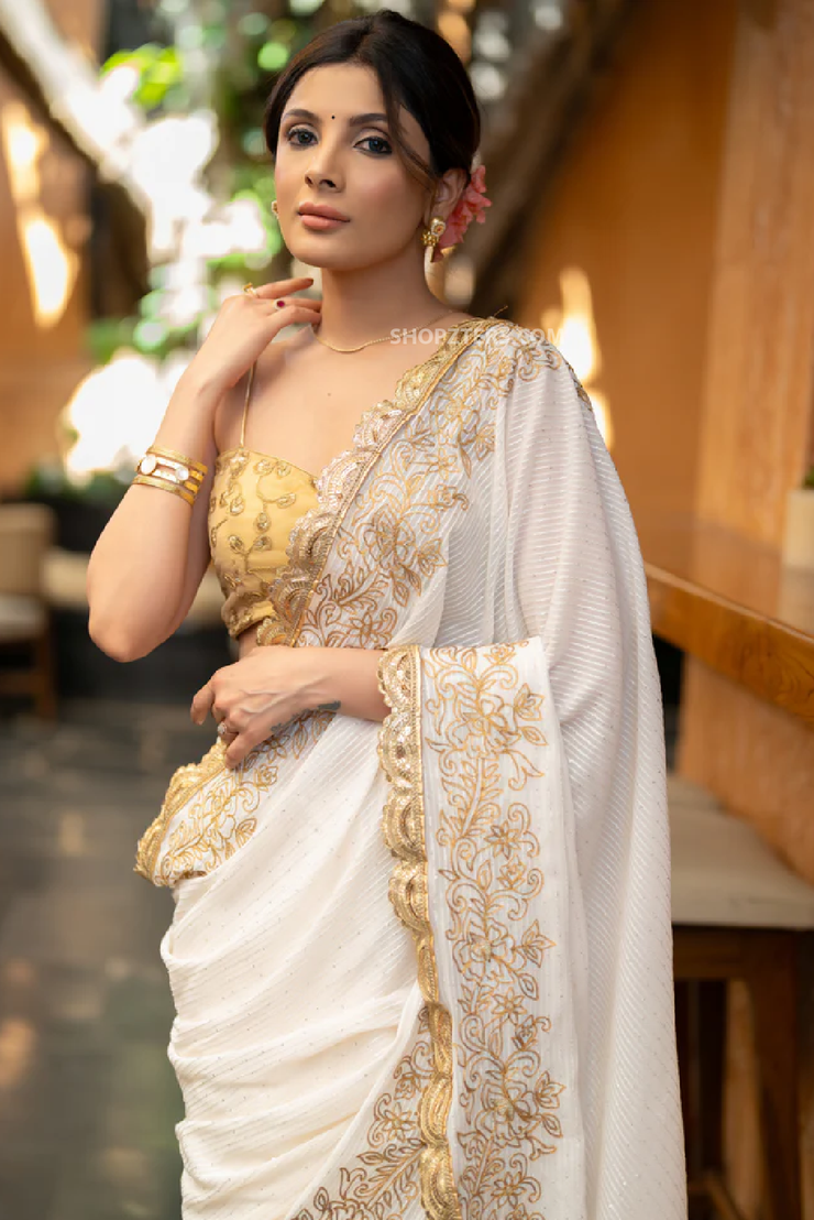 Subtle White Georgette Saree with Sequined Crochet and Floral Embroidery