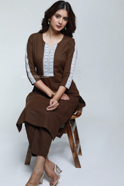 Coffee brown cotton kurta with laces