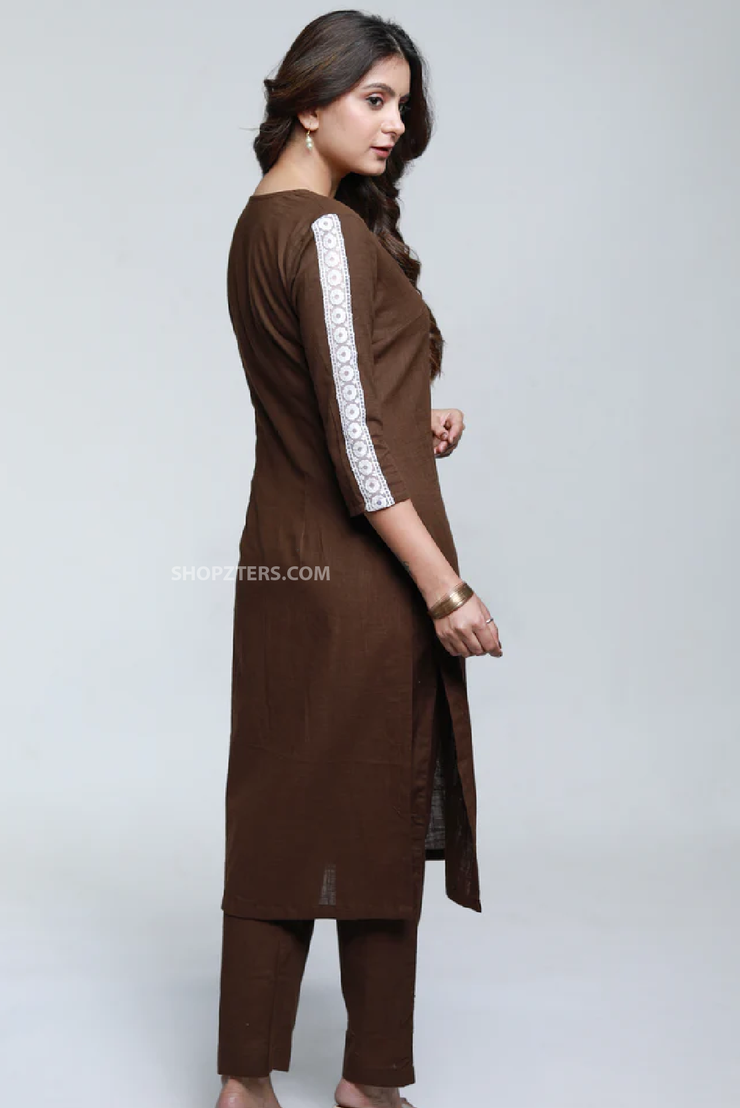 Coffee brown cotton kurta with laces
