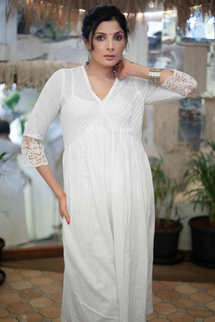 Exclusive white cotton kurta with pintucks on yoke & beautiful lace on sleeves