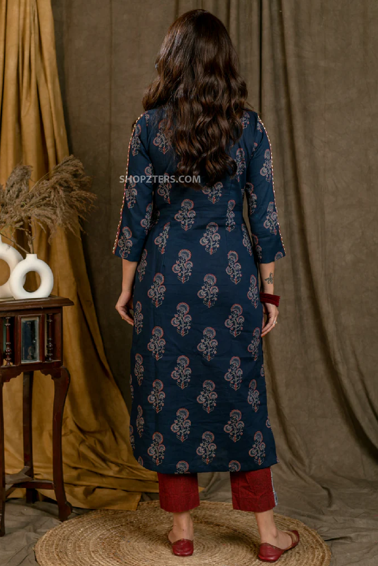 Stylish blue booty printed straight cut cotton kurta with maroon yoke & gold hand embroidery