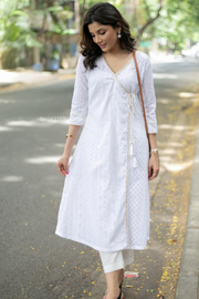A line white chikankari with gold with gold cording allover