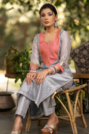 Grey chanderi kurta with pink zari work yoke and pant