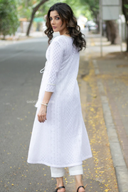 Classy white cotton kurta with front embroidery and lace detailing