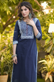 Elegant cotton navy blue indigo kurta pant set