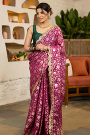 Exquisite Magenta Floral Banarasi Saree Highlighted With Beautiful Scalloped Lace