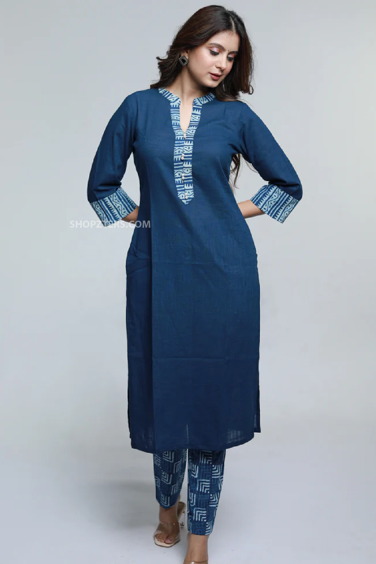 Navy blue cotton indigo combination kurta