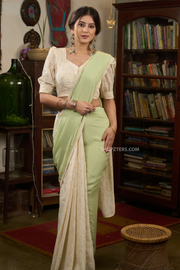 Elegant mint green modal cotton saree combined with hakoba and crochet lace