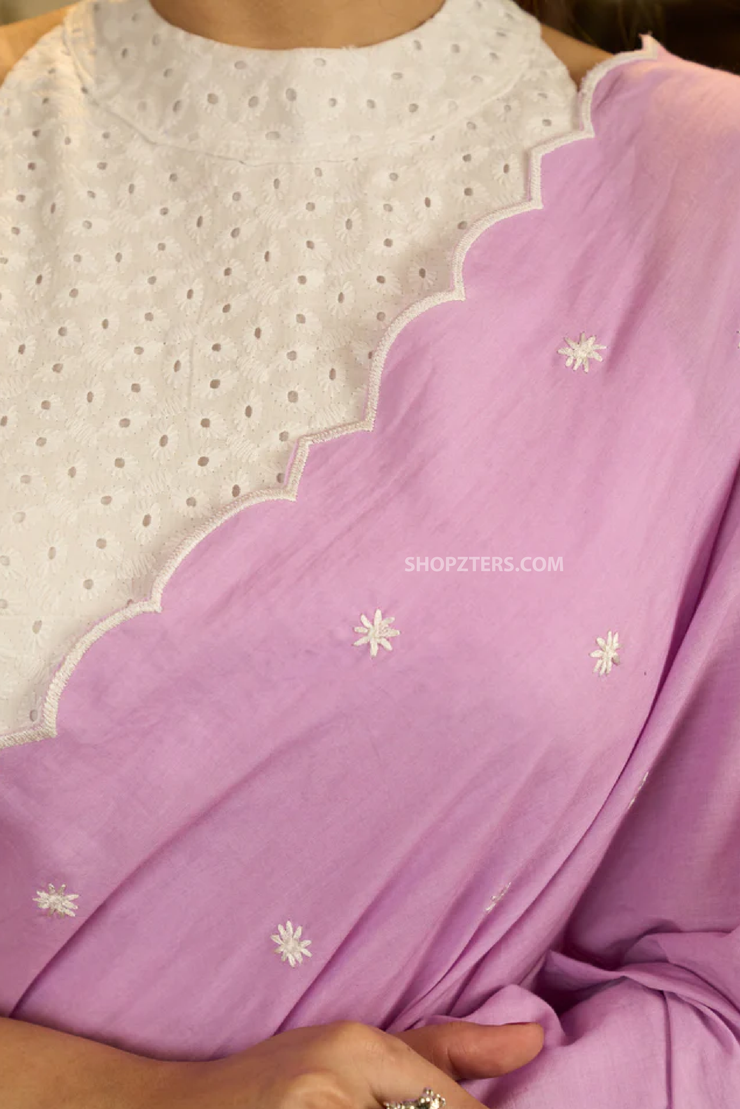 Gracious lilac mul cotton saree with embroidered disty florals and overall scallops