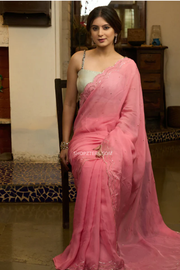 Stylish french pink organza saree with overall pitta embroidery