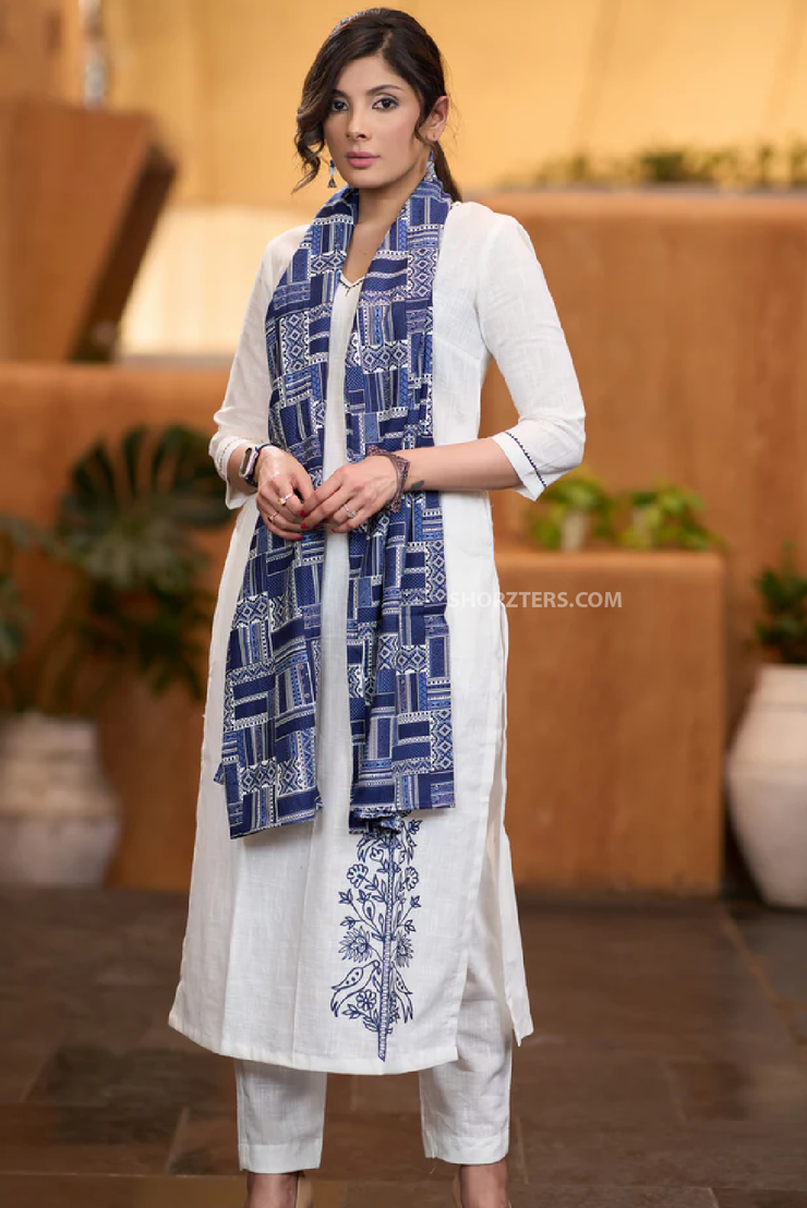White Cotton Kurta with Side Embroidery