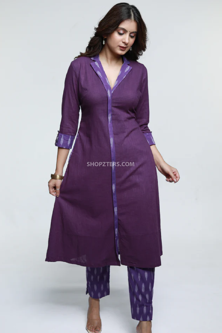 Purple cotton ikat combination kurta