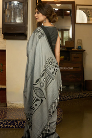 Graceful grey cotton saree with beautiful abstract hand painting highlighted with contrast painted side pocket