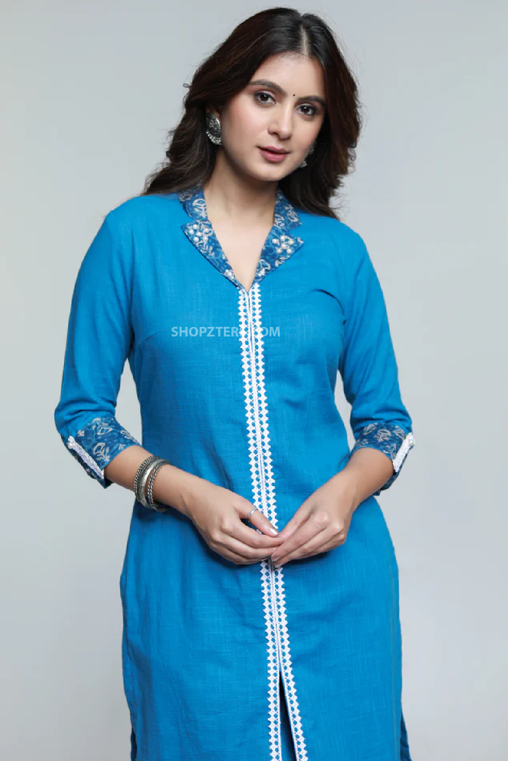 Powder blue colour cotton laced kurta