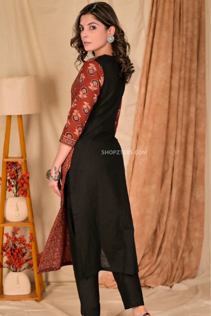Classy cotton ajrakh combination kurta with v shaped yoke and black detailing