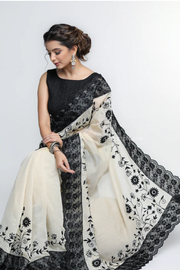 Mesmerizing Cream Chanderi Saree with Beautiful Black Embroidery & Delicate Border