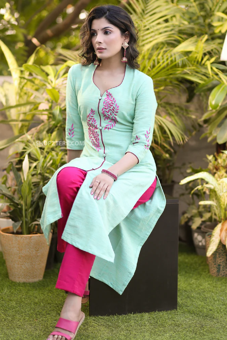 Classy pista green pure cotton contrast embroidered kurta pant set