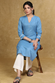 Classy powder blue cotton straight cut kurta with white laces