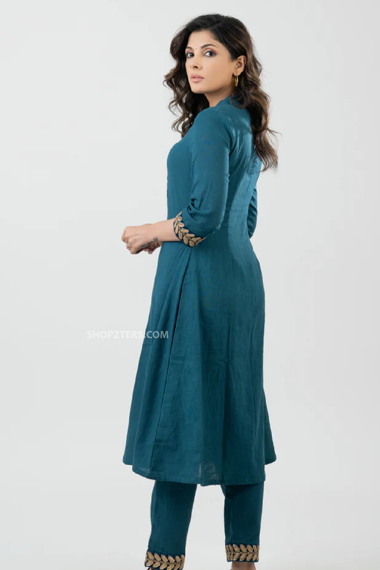 Teal Cotton A-Line Kurta with Laces