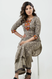 Grey Cotton Block Print Kurta with Kutch Mirror Work