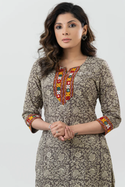 Grey Cotton Block Print Kurta with Kutch Mirror Work