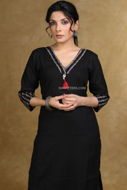Classy black cotton kurta with ikat combination