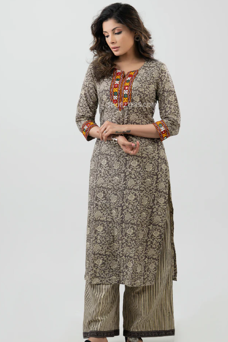 Grey Cotton Block Print Kurta with Kutch Mirror Work