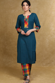 Smart teal cotton kurta with multicolor checks combination