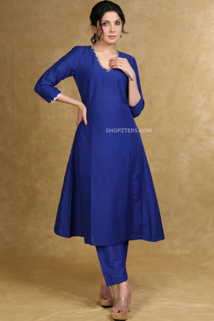 Ethnic royal blue cotton silk a-line kurti highlighted with gotta patti