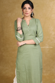 Classy olive green cotton straight cut kurta with white laces