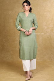 Classy olive green cotton straight cut kurta with white laces